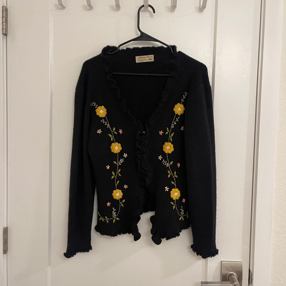 Alpaca Fina Wool Black Cardigan Embroidered Cottagecore GrandmaCore